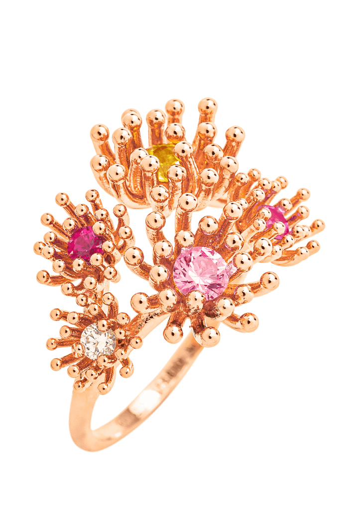 Mellerio Le Petit Cactus ring crafted of tsavorite, topaz and sapphires set in 18K pink gold.
