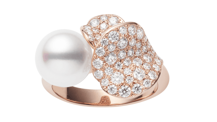 Mikimoto Rose Gold Pearl Ring Les Petales Place Vendome pearl, rose gold and diamond ring