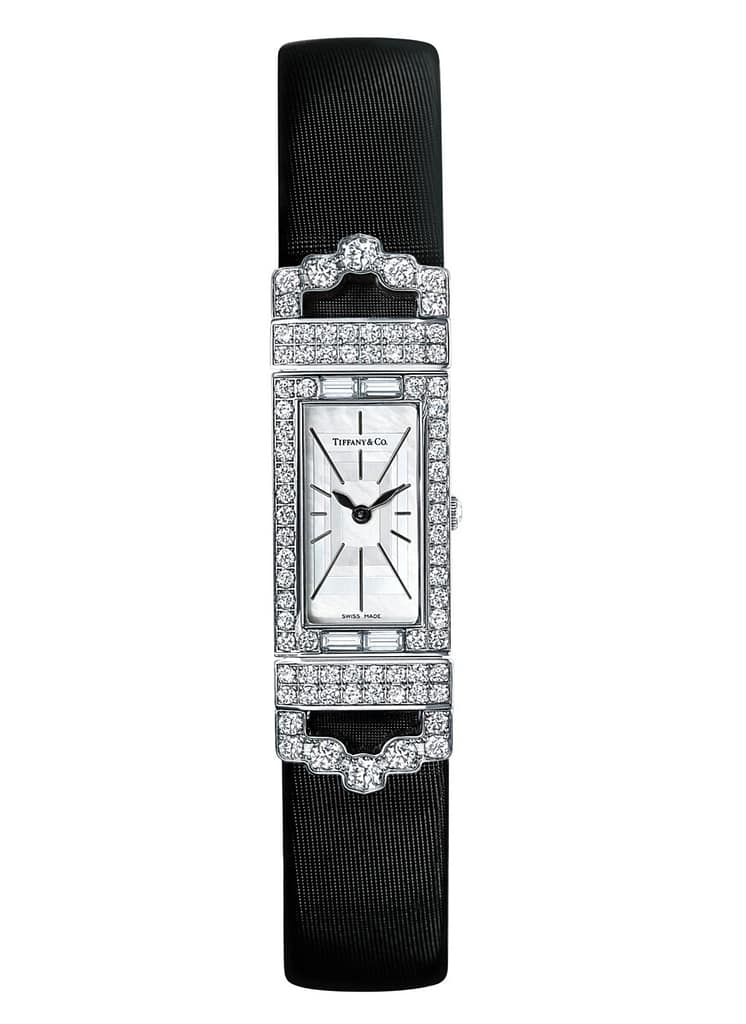 Tiffany & Co. Art Deco style rectangular watch with diamonds on a black strap.