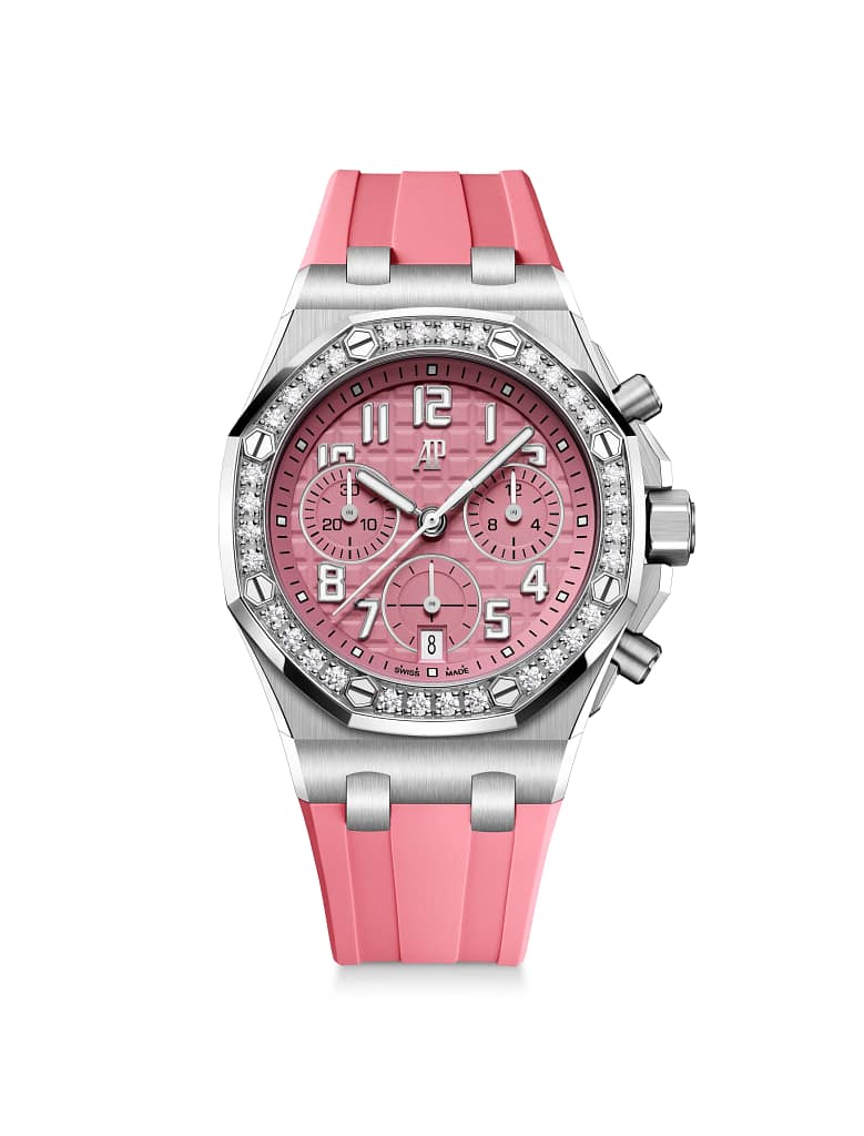 Audemars Piguet Royal Oak Offshore Chronograph with pink dial on rubber strap.