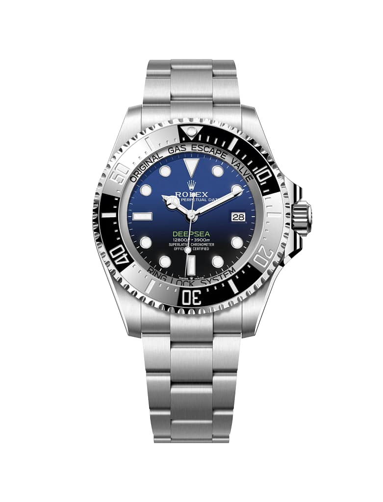Rolex Oyster Perpetual Deepsea diver watch with blue dial and steel bracelet.