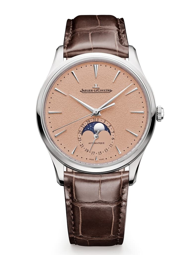 Jaeger-LeCoultre Master Ultra Thin Moon watch with a moon phase display and a salmon colored dial.