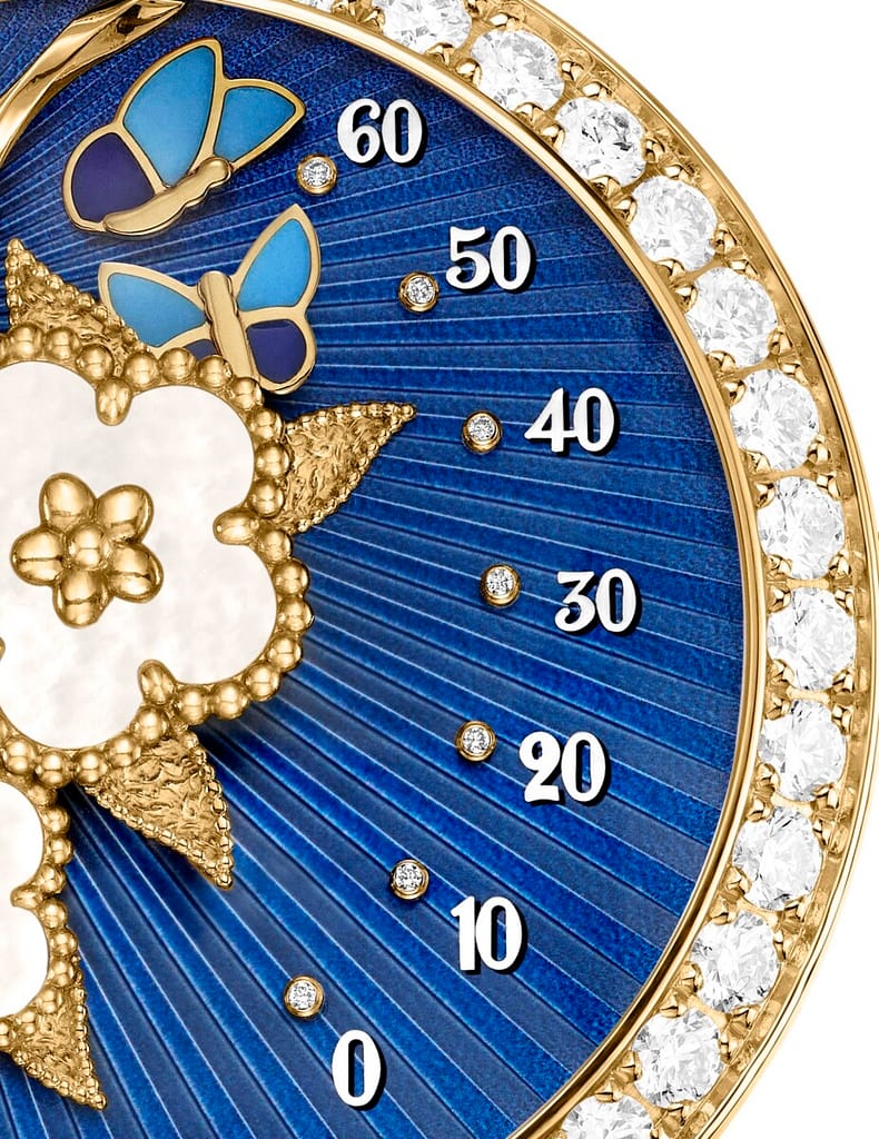 Closeup of the Van Cleef & Arpels Lady Lucky Spring butterfly watch