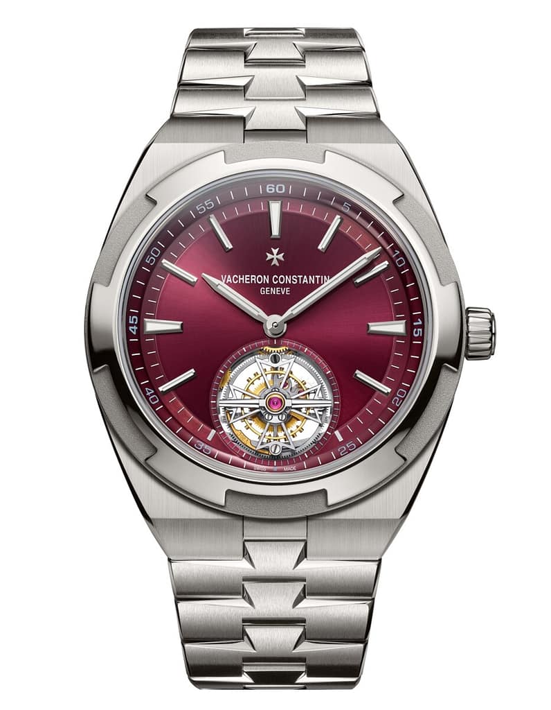 Photo of a Vacheron Constantin Overseas Tourbillon watch made of titanium with a red dial.