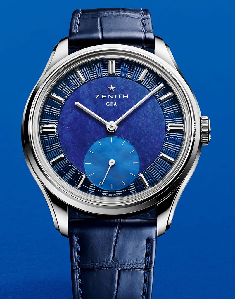 Zenith new G.F.J. watch with lapis lazuli dial and mother of pearl seconds subdial