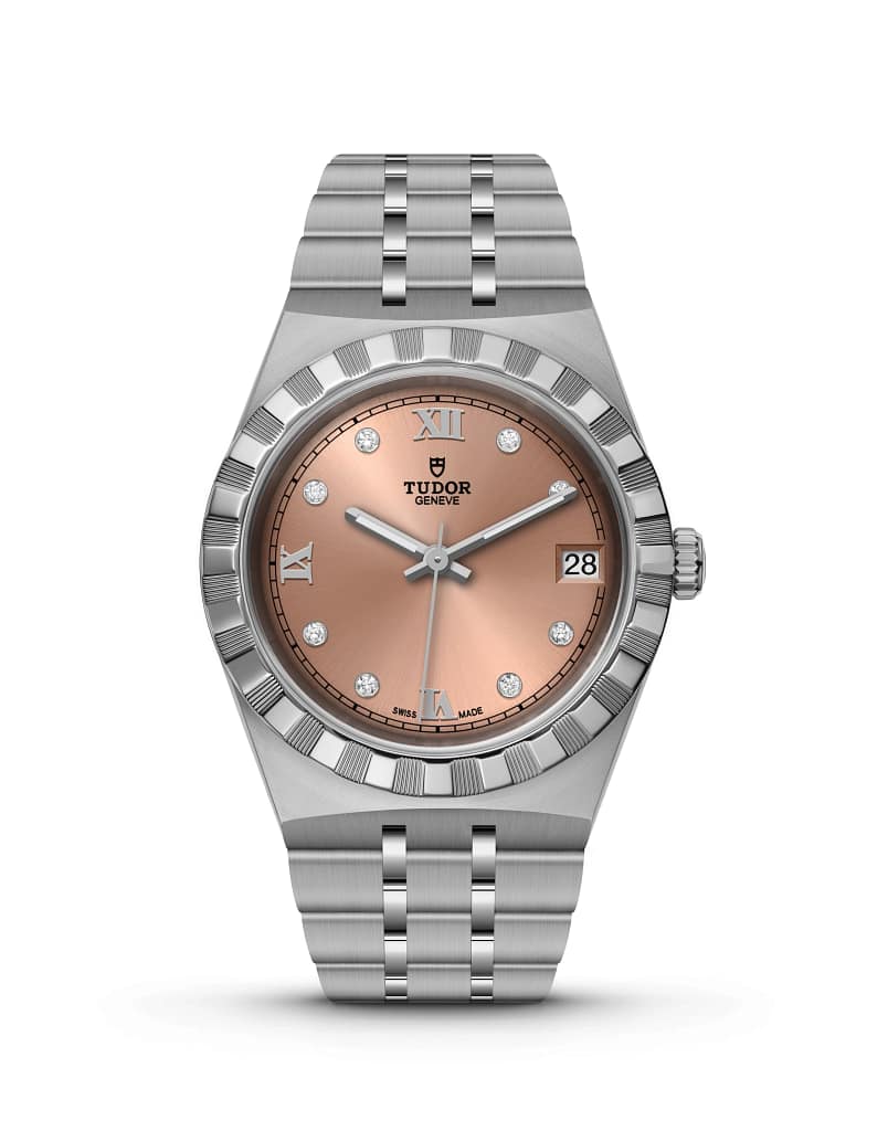 Tudor Royal stainless steel watch with a salmon-colored dial and diamond hour markers.