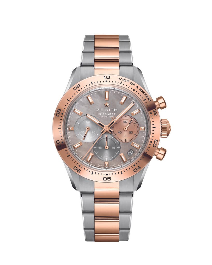 Zenith rose gold and steel chronograph watch with mother of pearl dial.