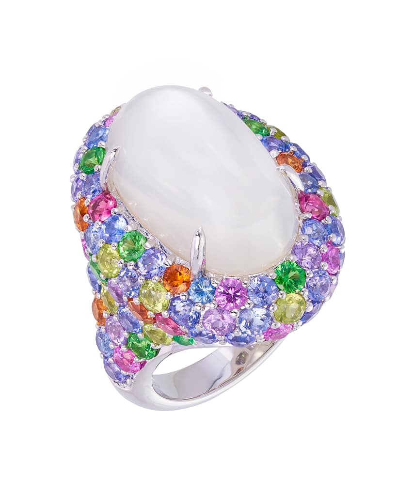 Large oval moonstone ring with colored stone accents by Australian jeweler Margot McKinney.