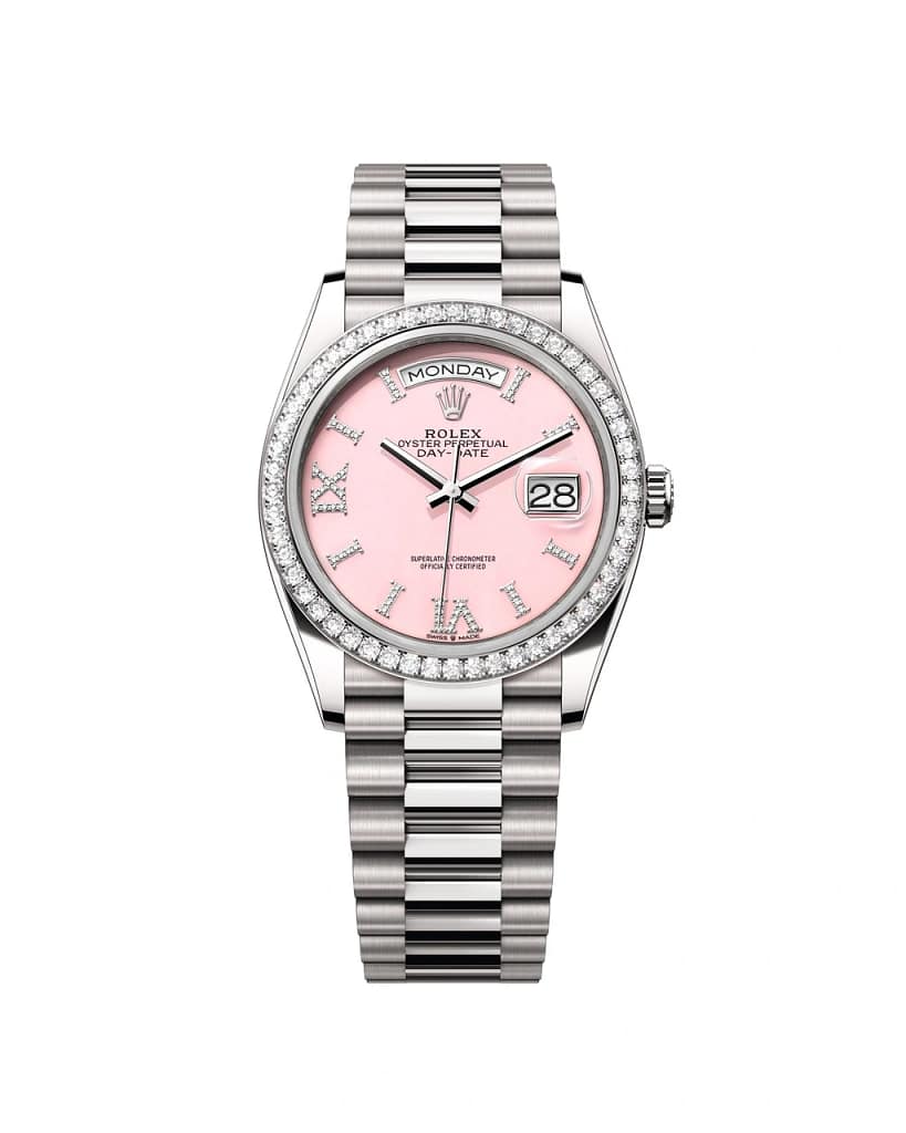 Rolex Oyster Perpetual white gold Day-Date 36 watch with diamond bezel and numerals.