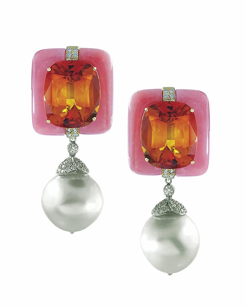 Margot McKinney deco-style citrine, pink opal and south sea pearl drop earrings.