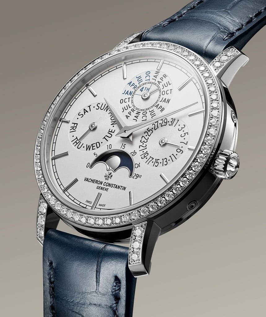 A Vacheron Constantin Traditionelle Perpetual Calendar Ultra-Thin with moon phase and diamond bezel.