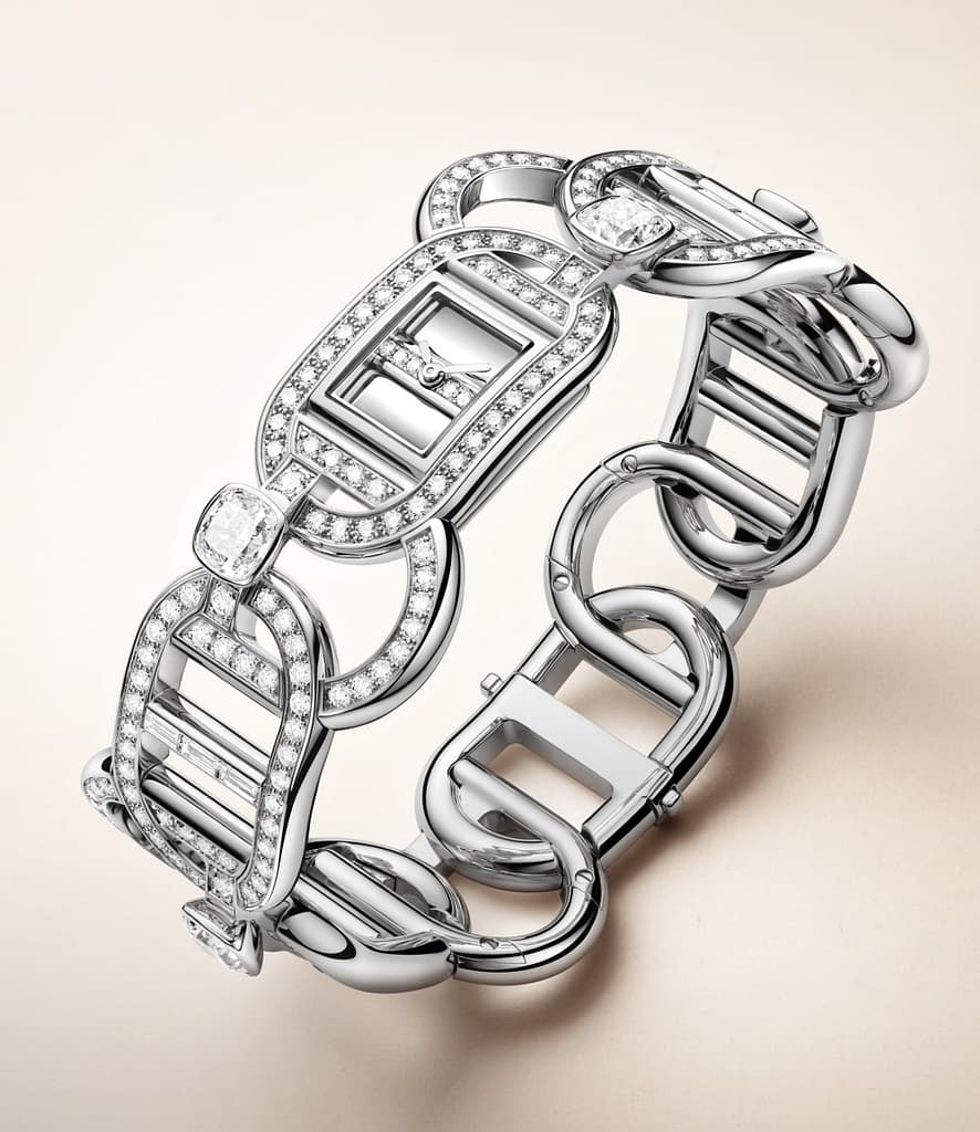Hermès Maillon link chain watch in 18K white gold and diamonds