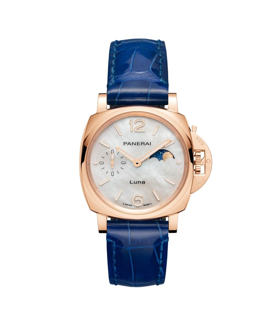 Panerai Luminor Due TuttoOro Luna rose gold watch with mother-of-pearl dial and moon phase on blue alligator strap.