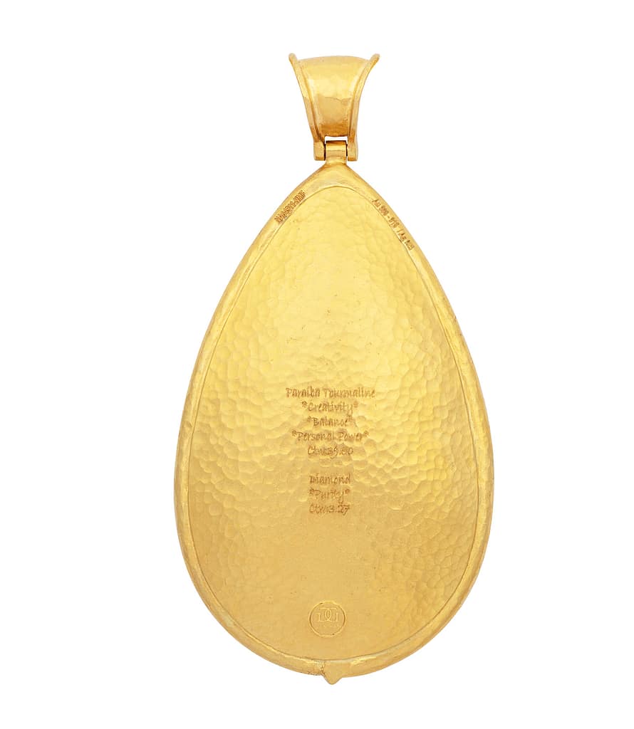 The back of a Gurhan gold, diamond and paraiba tourmaline pendant necklace engraved with the stone's description and its carat weight