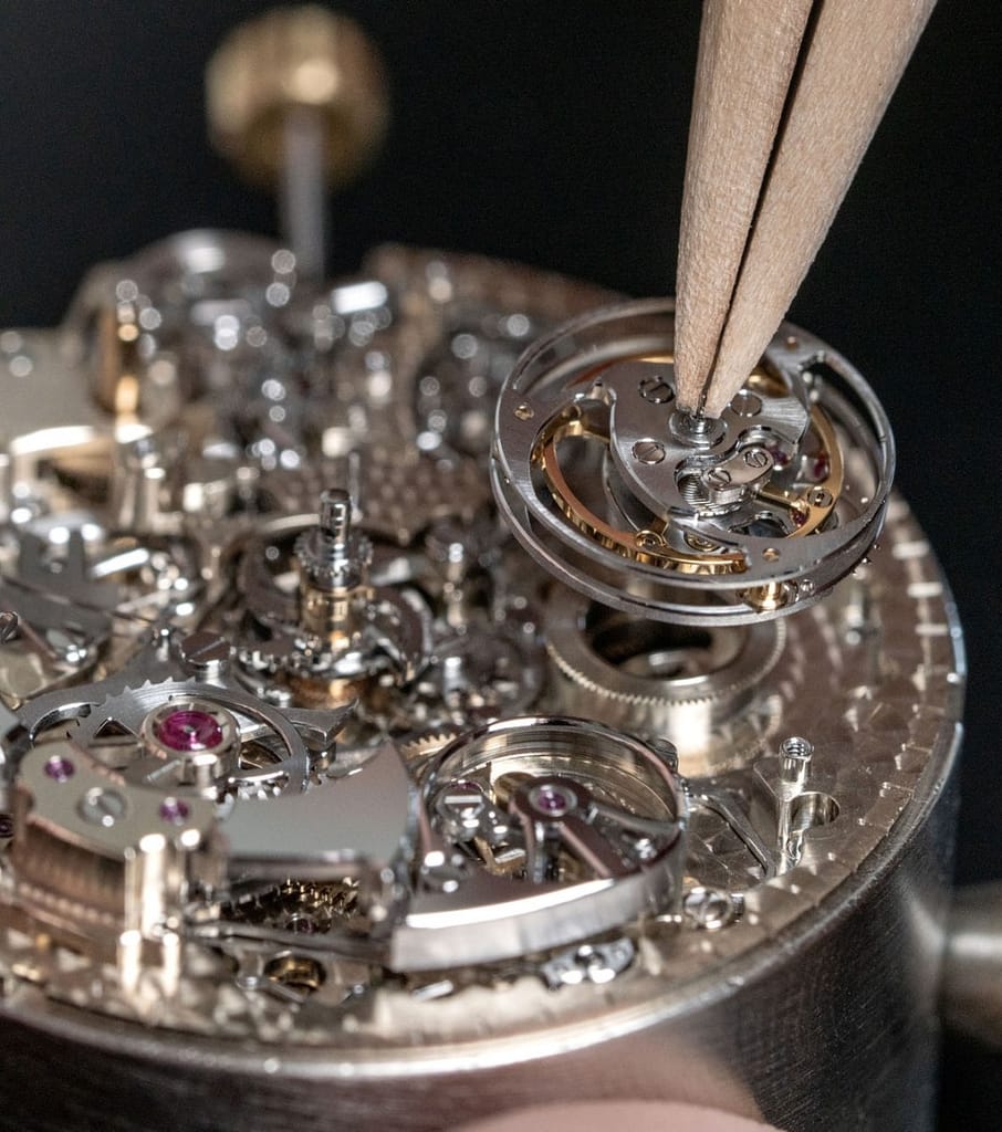 Closeup photo of part of the Chopard L.U.C Grand Strike’s movement being built.