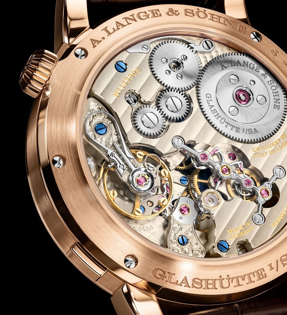 The new pink gold A. Lange & Söhne Zeitwerk Date watch's movement.
