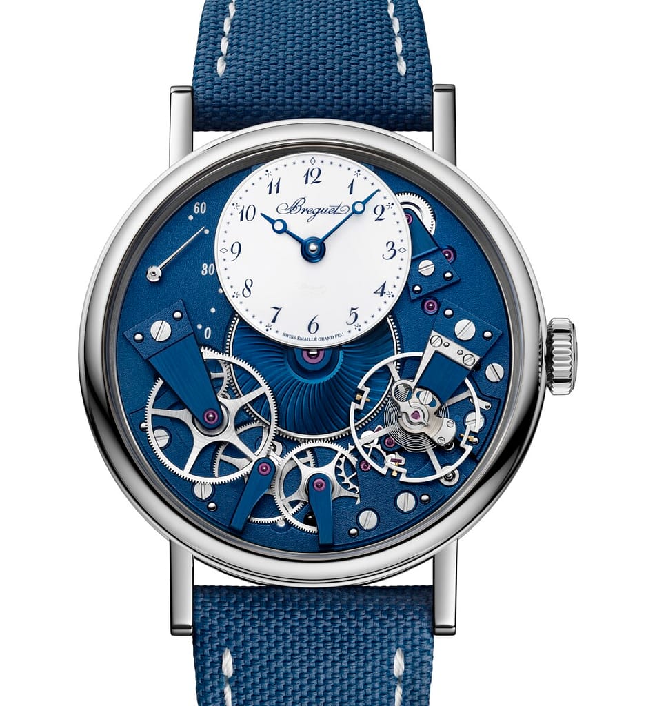 The new Breguet Tradition Seconde Retrograde 7037 watch with a blue dial.
