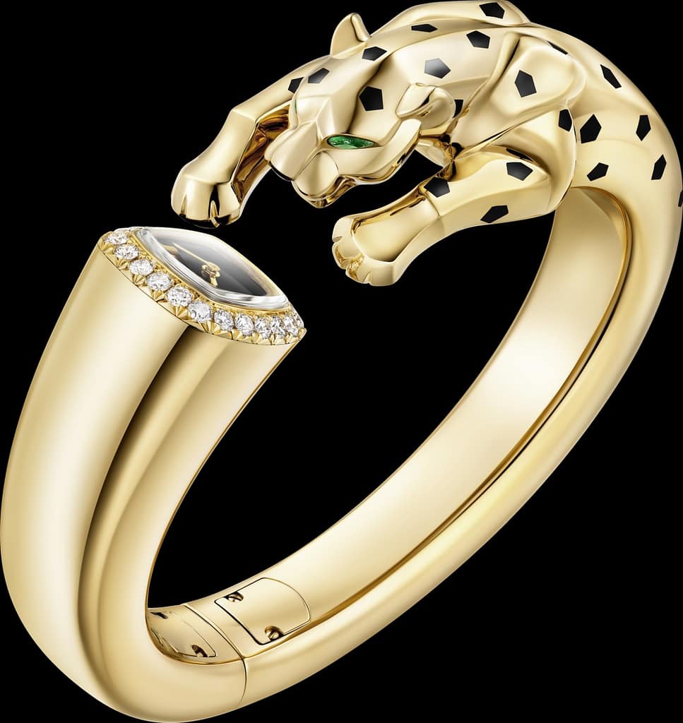 Panthère bangle watch in 18K yellow gold, diamonds, tsavorites, onyx and black lacquer